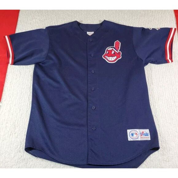 Cleveland Indians Majestic Size LG Short Sleeve Button Down Crew Neck Jersey - Picture 1 of 11